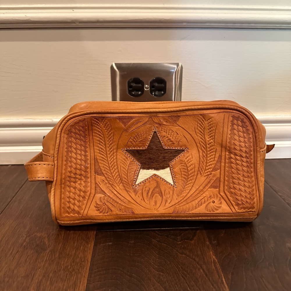 Tan Leather Toiletry Bag with Star Design